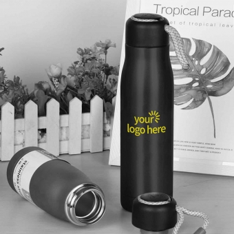 Customized  Black 500 ml Double-Wall Vacuum Bottle with String with logo