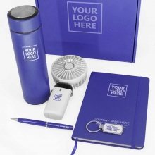 Customized  Blue USB Fan, Tumbler, Metal Keychain, Notebook, and Metal Pen Gift Set #25C with logo