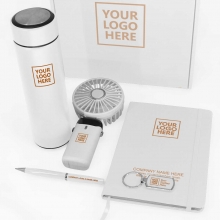 Customized  White USB Fan, Tumbler, Metal Keychain, Notebook, and Metal Pen Gift Set #25C with logo