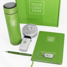 Customized Light Green USB Fan, Tumbler, Metal Keychain, Notebook, and Metal Pen Gift Set #25C with logo