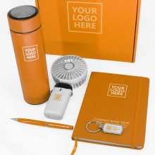 Customized  Orange USB Fan, Tumbler, Metal Keychain, Notebook, and Metal Pen Gift Set #25C with logo
