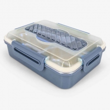 Customized  Blue Lunch Boxes with 4 Partitions and Spoon with logo