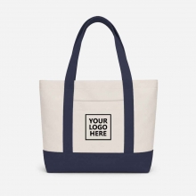 Customized Navy Blue Medium Two-Tone Cotton Tote Bags with Front Pocket with logo
