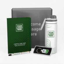 Customized Dark Green Notebook, Water Bottle, Metal Pen, and Metal Keyring Gift Set #28 with logo