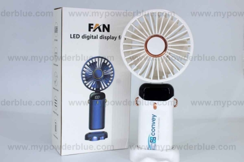 Handheld Rechargeable USB Fan with Stand and Lanyard packaging